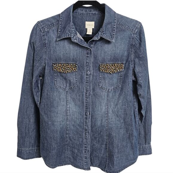Chico's -484 Denim Button Down Western Shirt Embellished Pockets sz 0/ Small / 4 - Picture 1 of 6